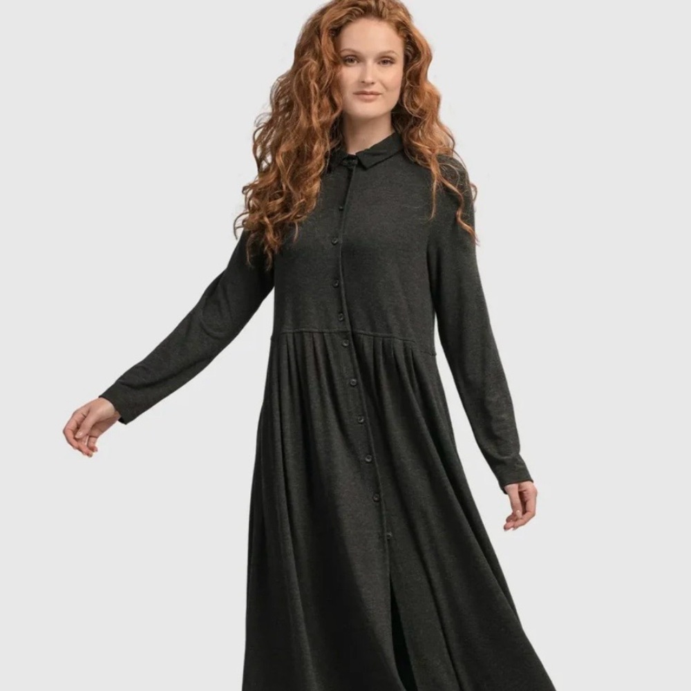 Alembika Urban Charcoal Gray Maxi Shirt Dress Collared Long Sleeve Size 0